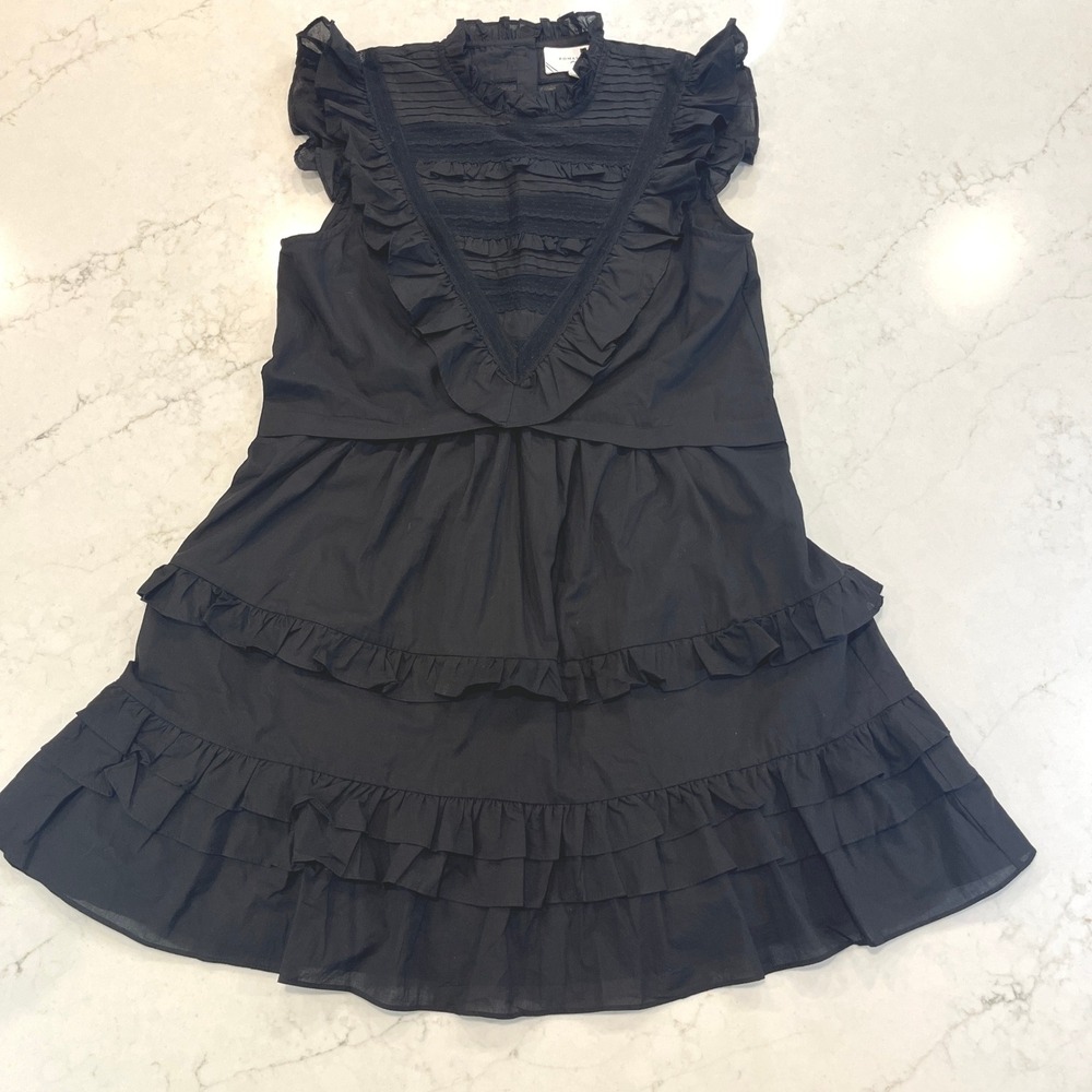 Pomander Place Cecilia Ruffle Mini Tiered Dress Womens M Black Cotton Y24344T